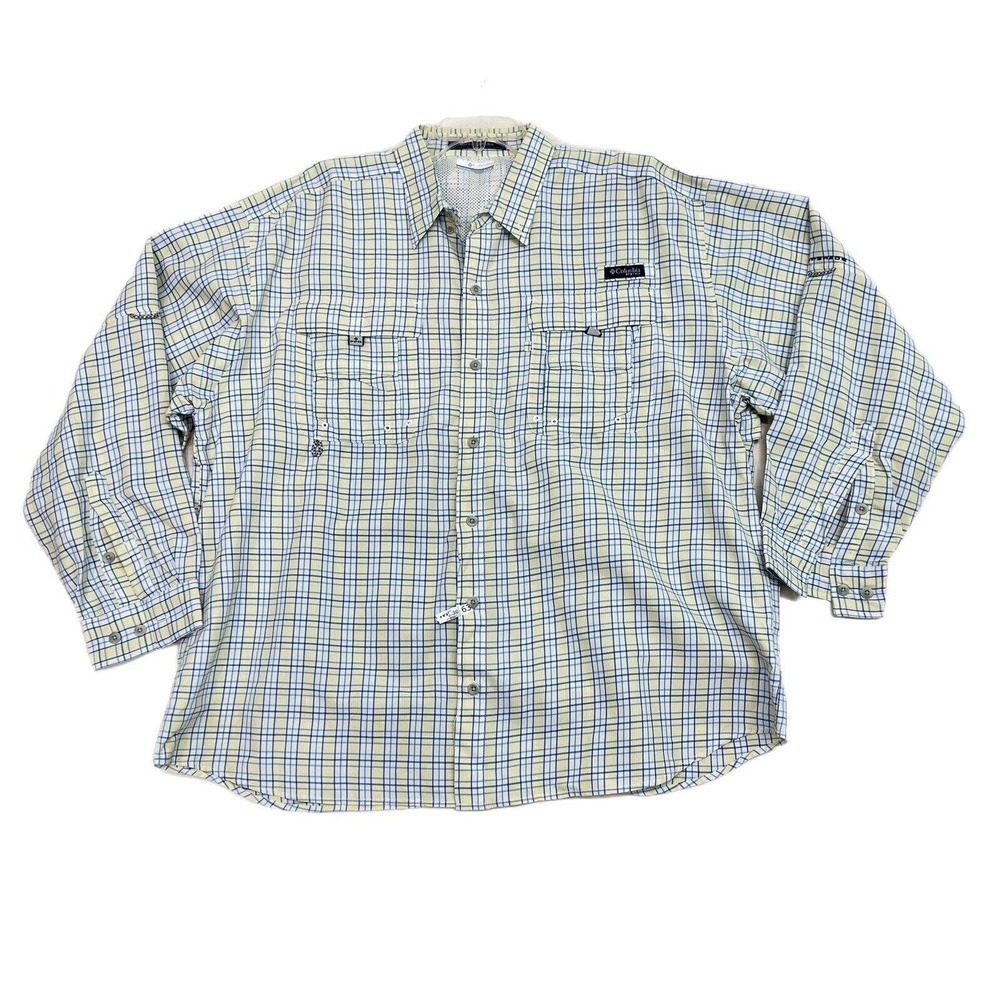 Columbia PFG Super Bahama Fishing Shirt Men XL Blue Yellow Vented Long Sleeves